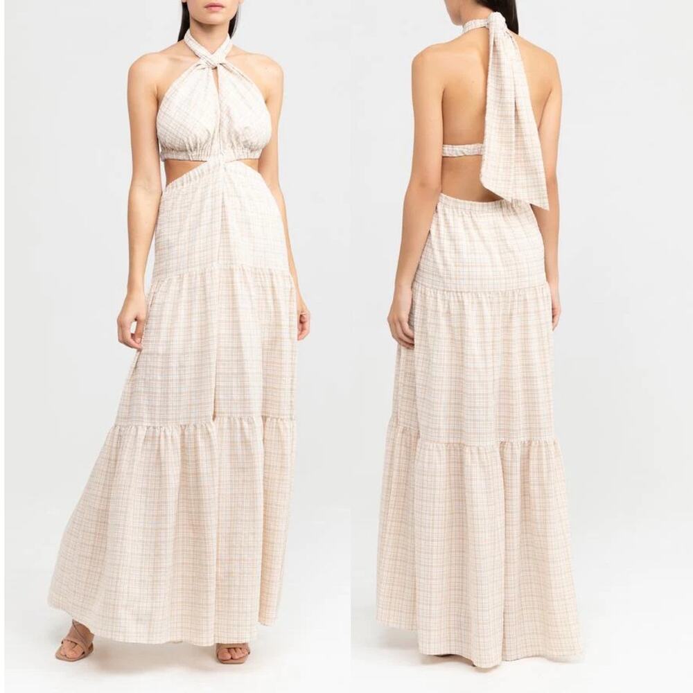 NWT Significant Other Clementine Cutout Gingham Plaid Maxi Dress Almond Chalk 8